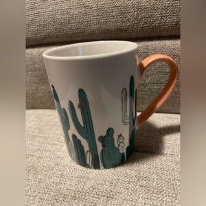White Bone Chine Mug With Green Cacti and Pink Handle